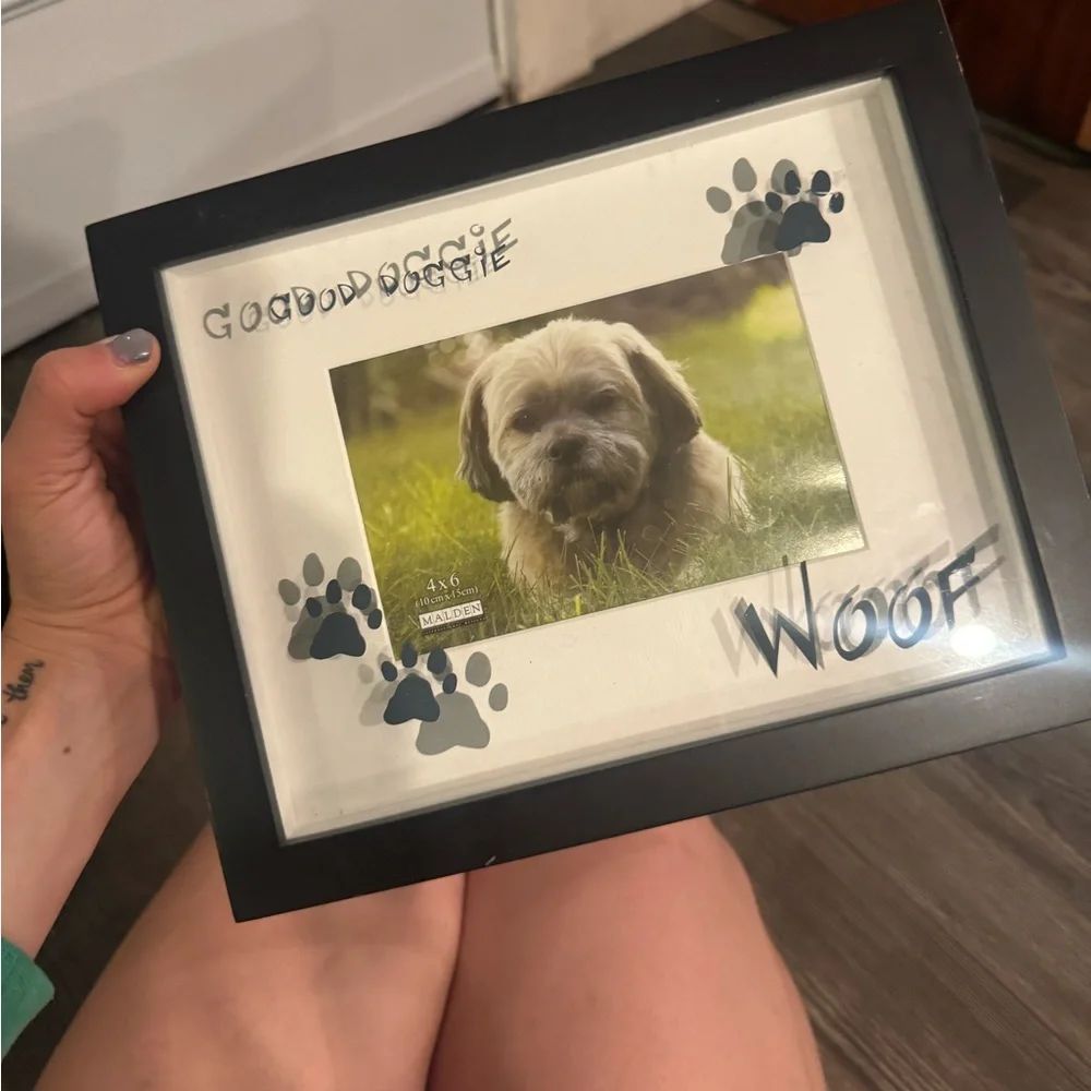 Cute Black Dog Photo Window Frame with Paw Prints